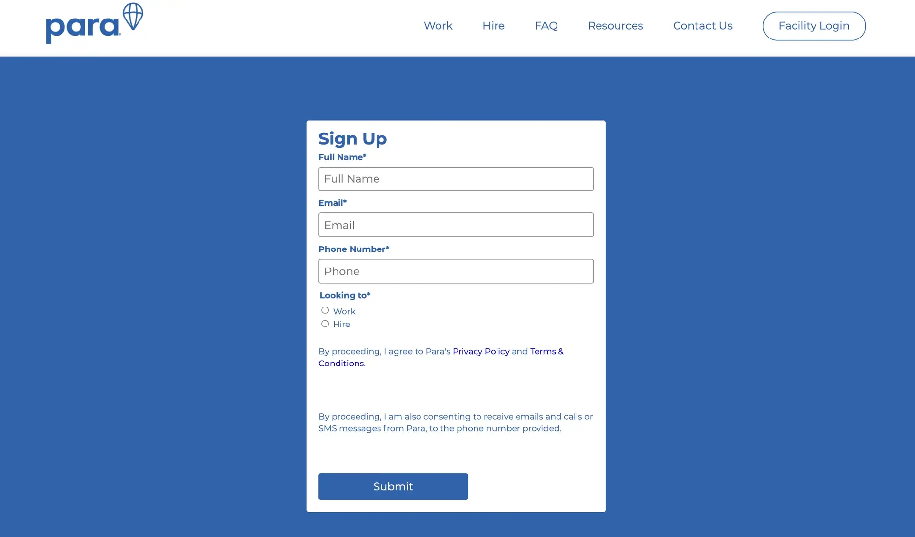 Para signup flow showing the user onboarding process