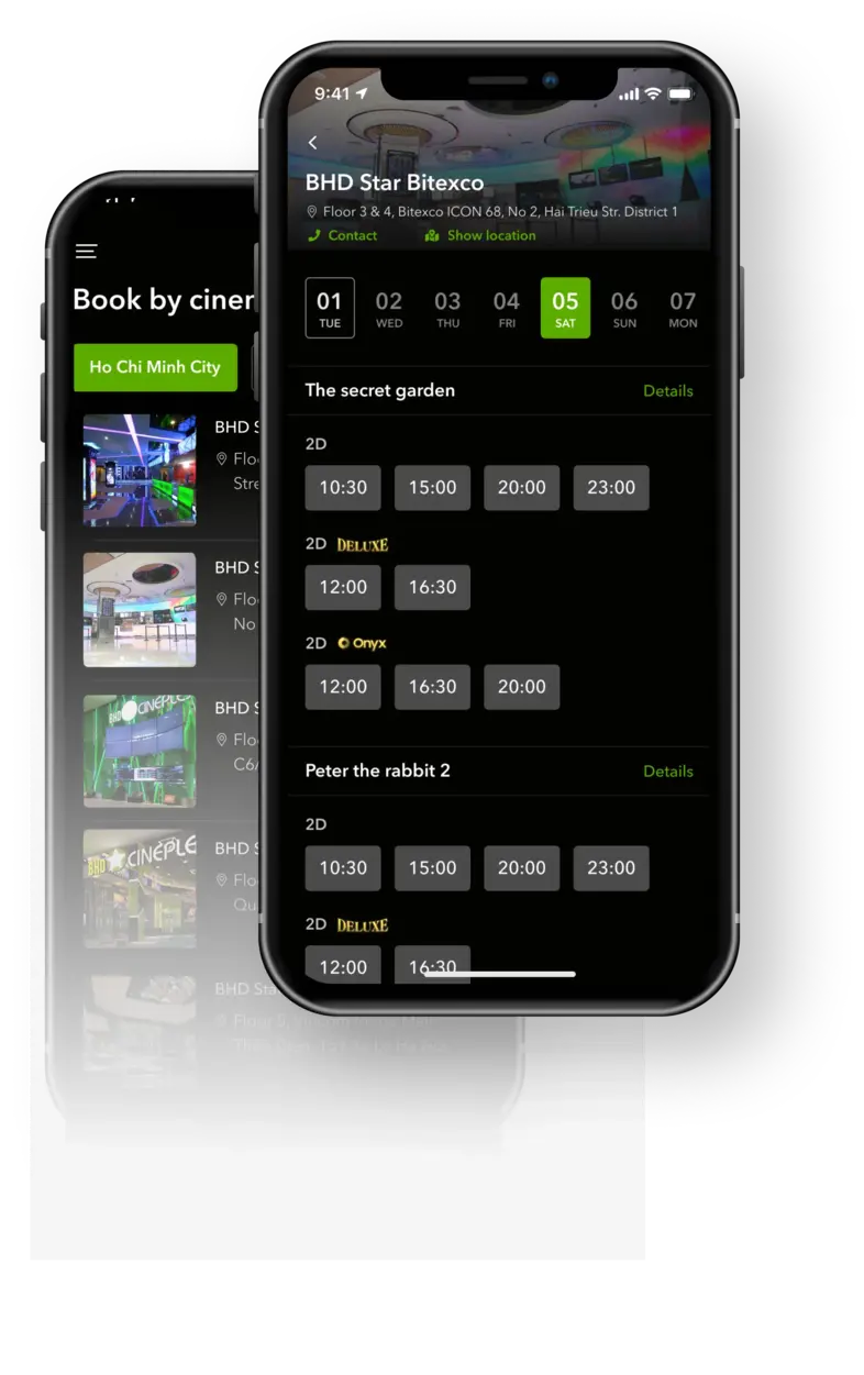 Cinema selection screen showing theater options and films playing