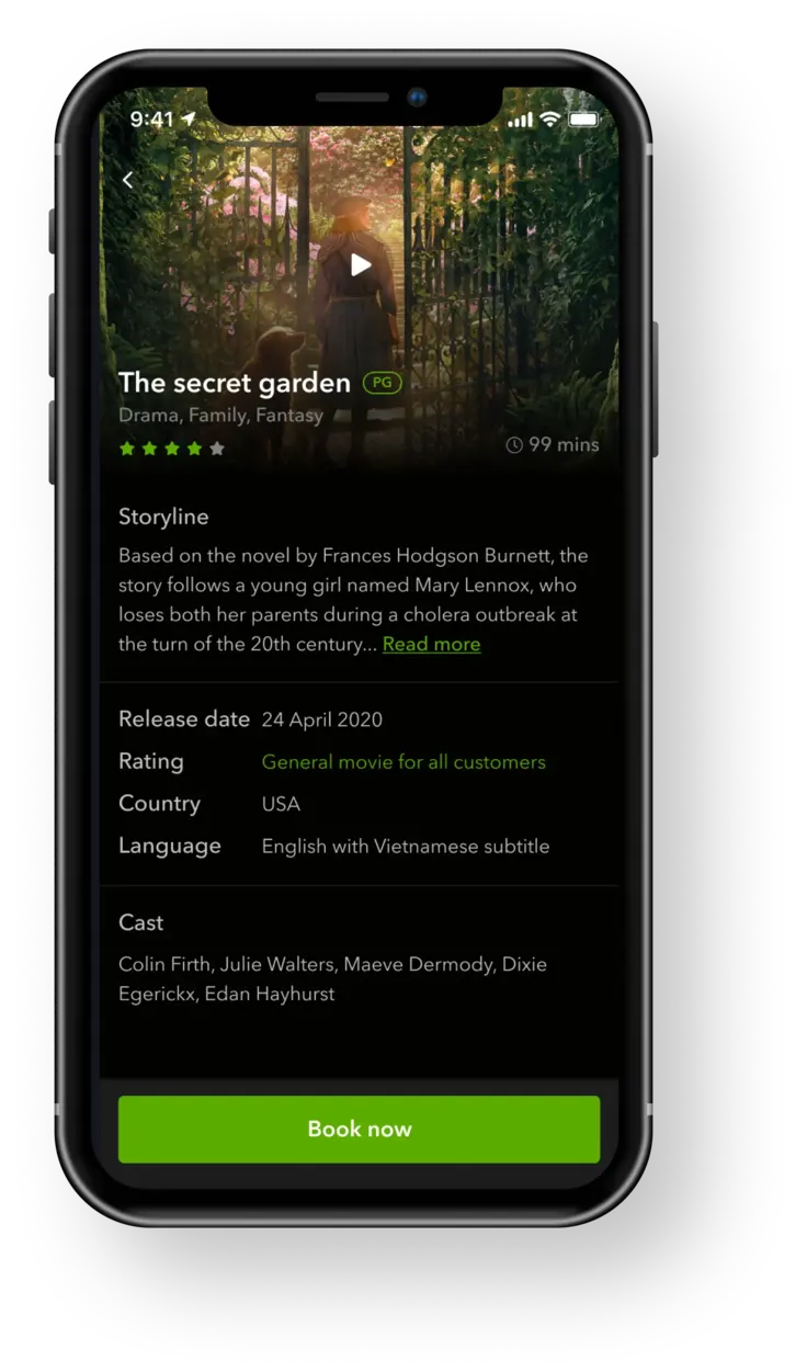 Movie details screen showing film information and booking button