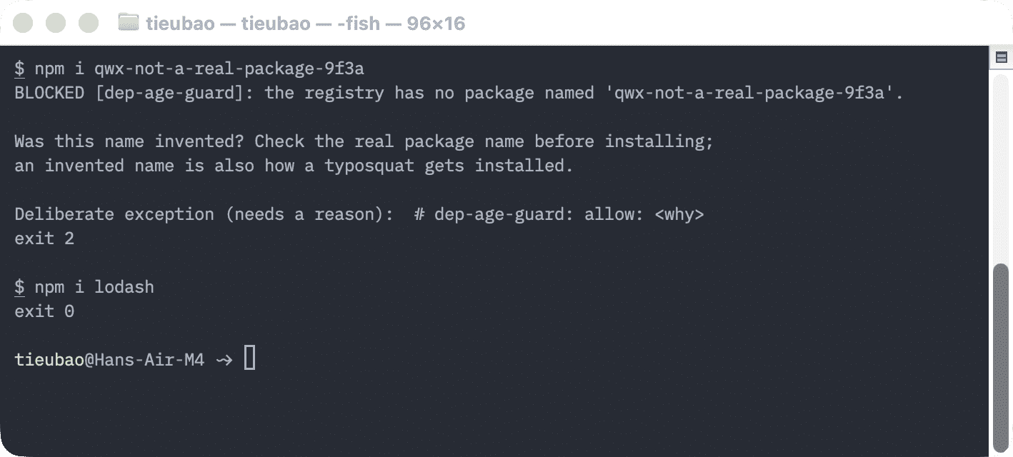 Terminal: the dependency guard blocks an invented package name with exit 2 and lets lodash through with exit 0