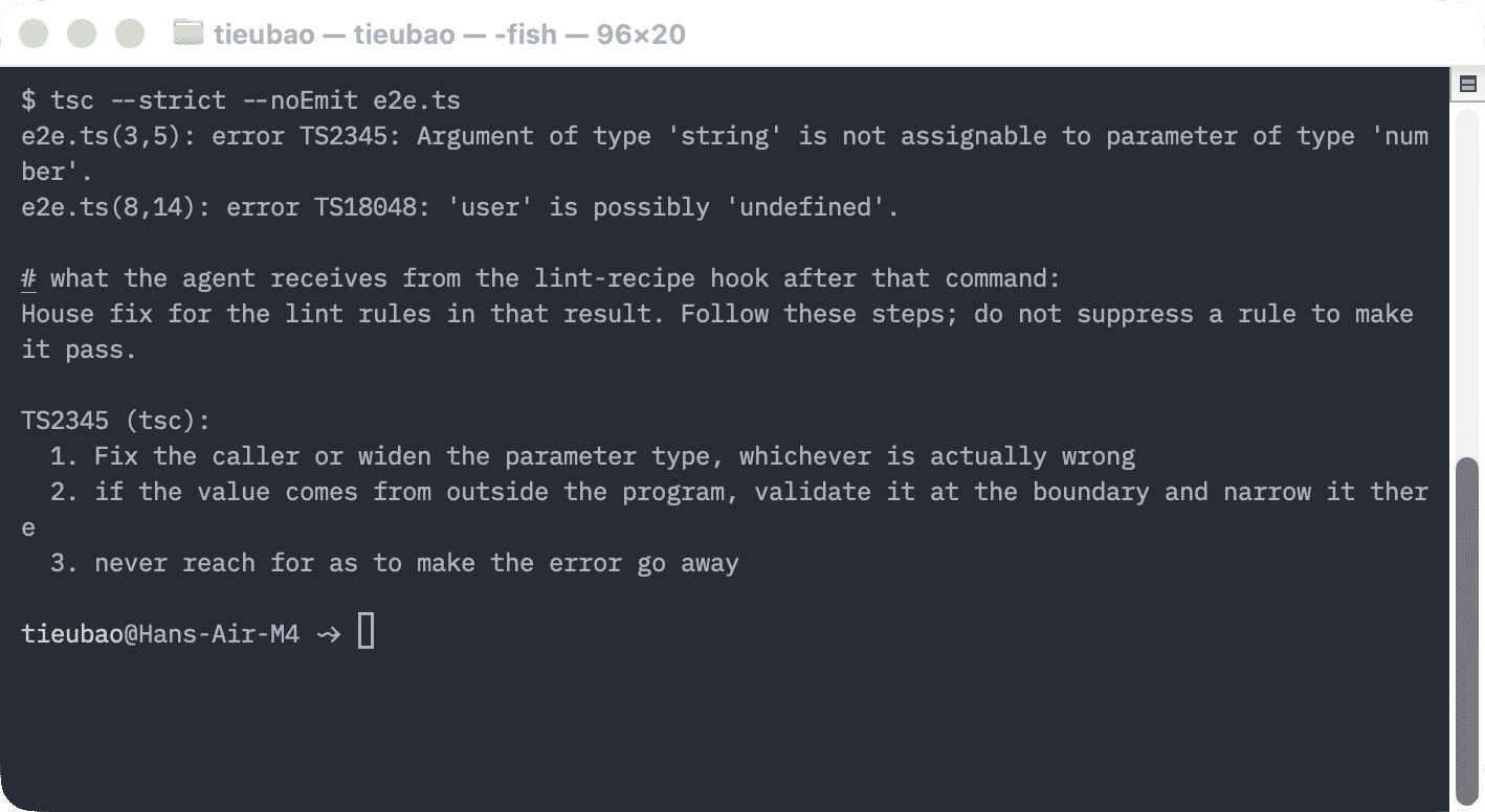 Terminal: a tsc run with two errors, then the house fix the lint-recipe hook hands the agent for TS2345