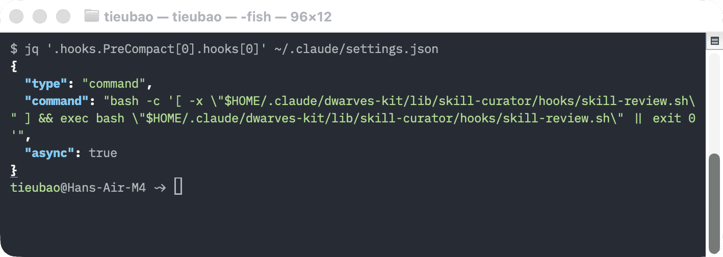 Terminal: jq on the live settings file shows the PreCompact entry that now points at the skill-review script