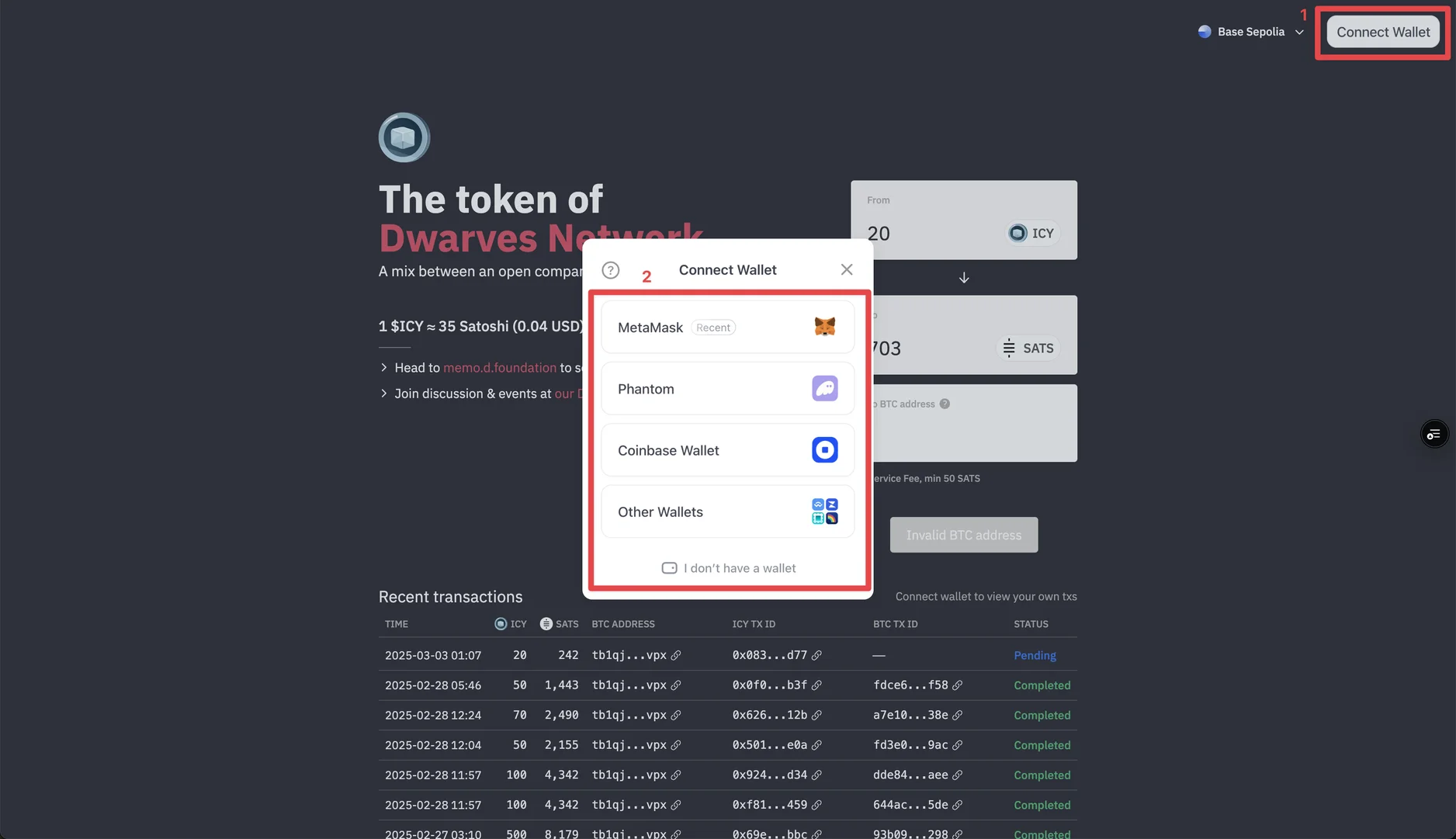 Connect wallet interface showing the wallet connection button and network selection