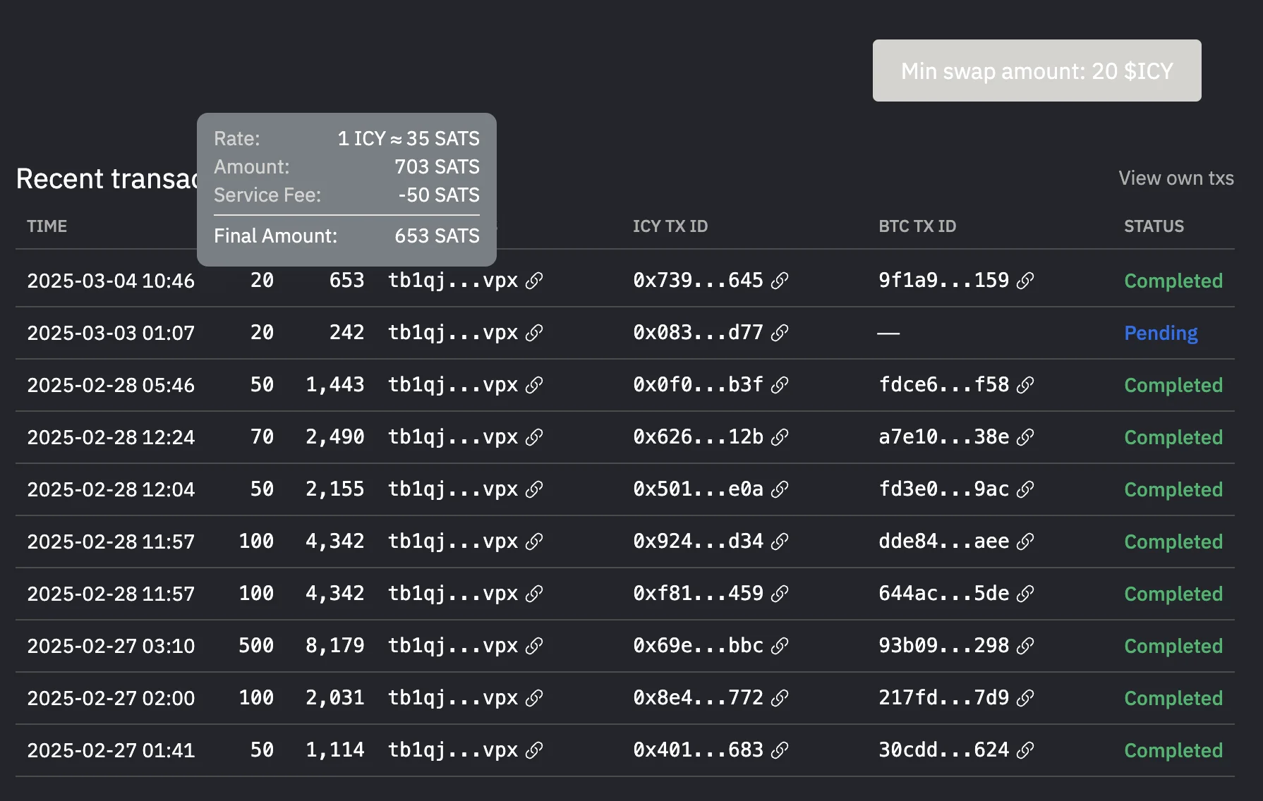 Transaction tracking interface showing pending status and service fee details