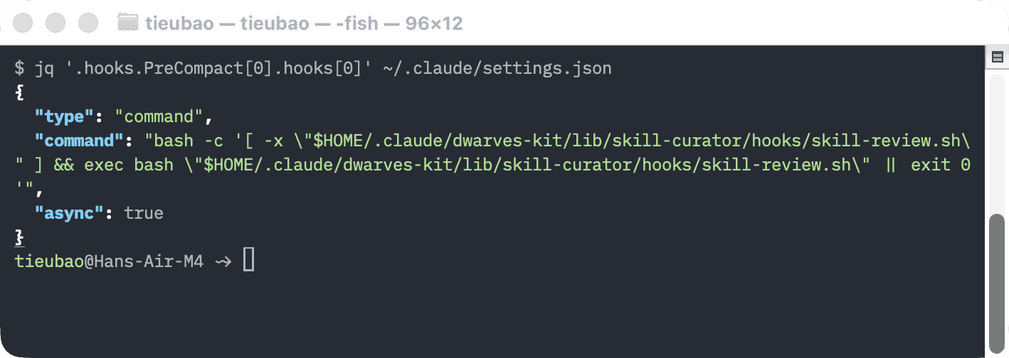 Terminal: jq on the live settings file shows the PreCompact entry that now points at the skill-review script
