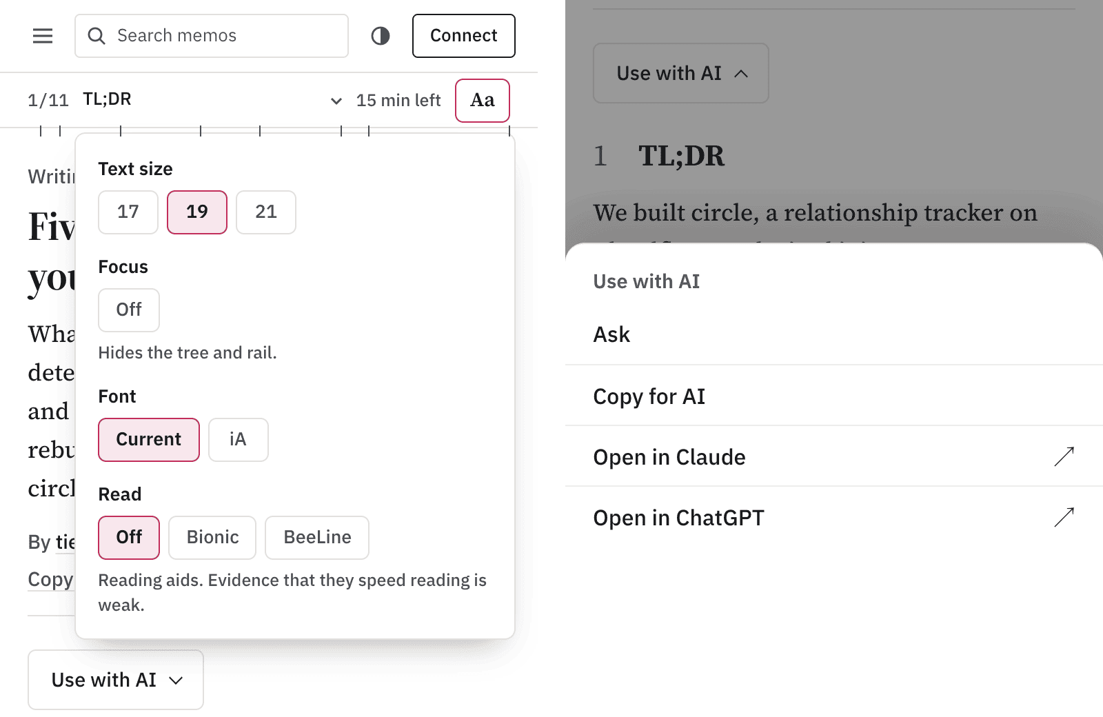 Fig. 4 two phone screens: the reader controls and the Use with AI sheet
