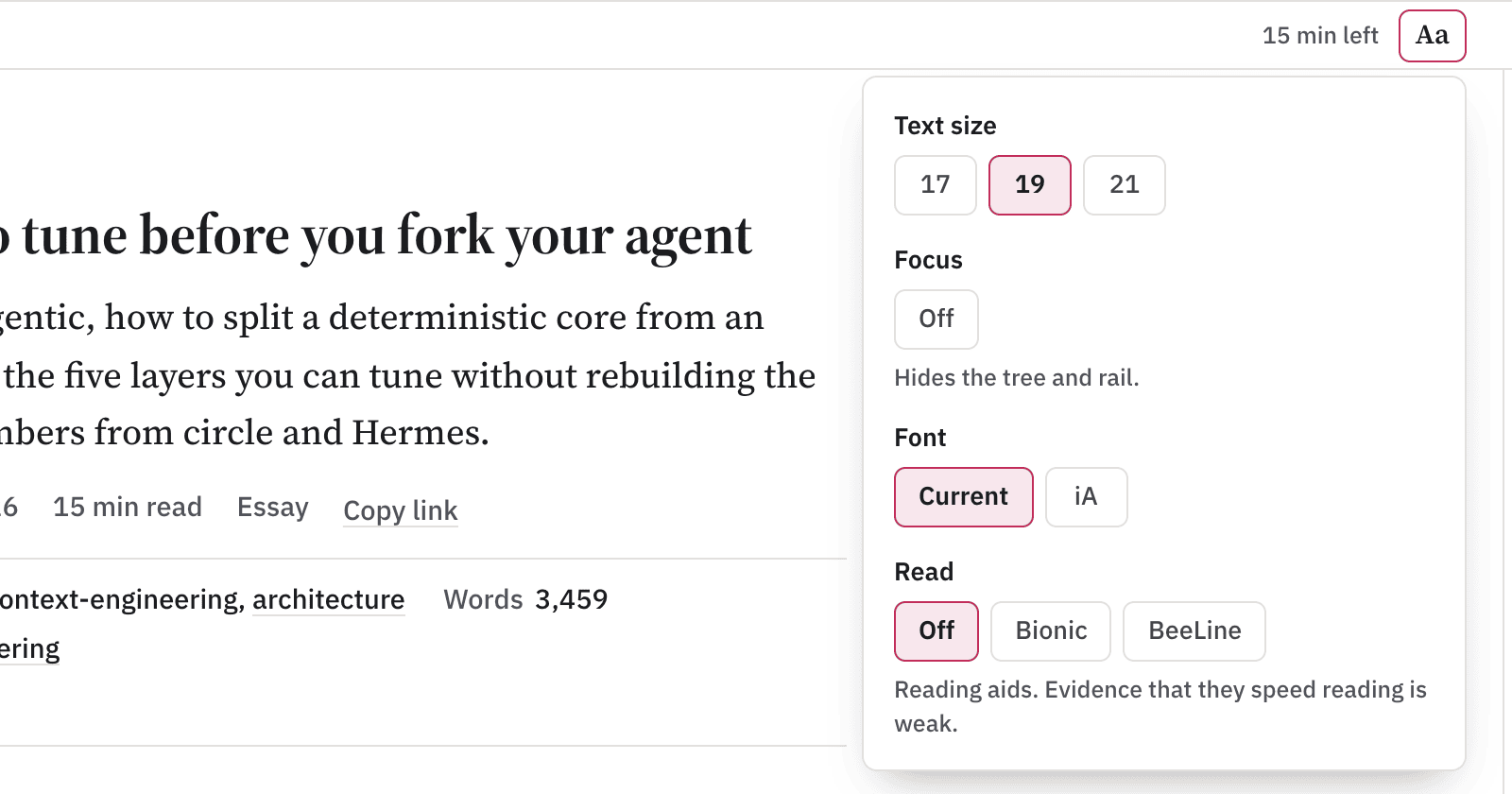 Fig. 2 the Aa reader menu open on a note