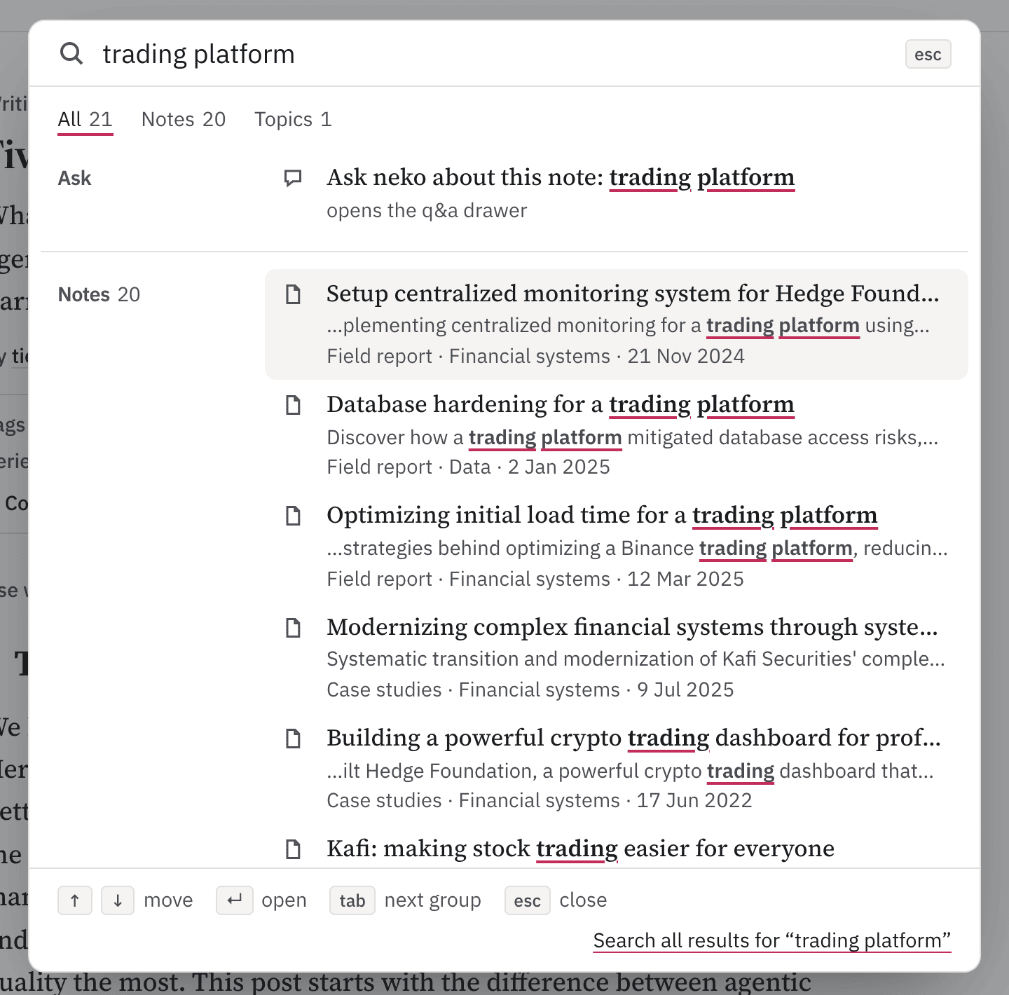 Fig. 8 search results grouped into notes, topics, writers, programs and tags