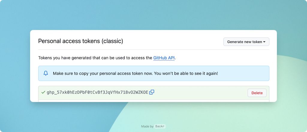 Generated PAT token
