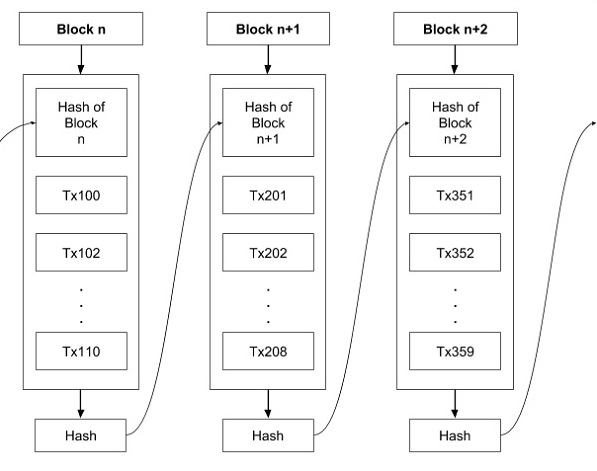 A block contains data, its own hash, and the previous one’s hash